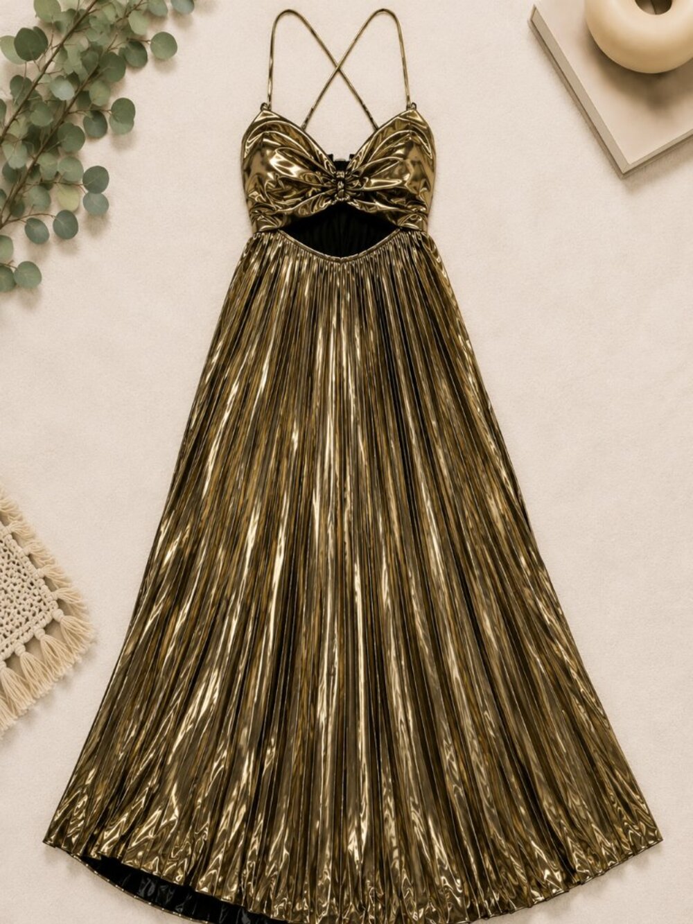 Metallic Gold Pleated Cutout Floor Length Maxi Dress